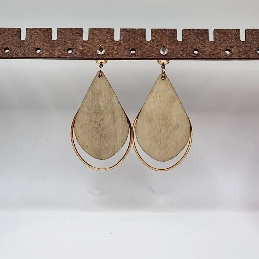 Boho Teardrop Mandala Print Wood and Gold Tone Frame Dangle Statement Earrings